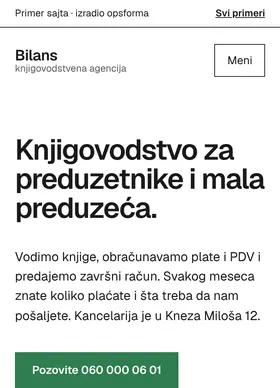 Kako izgleda sajt Knjigovodstvena agencija Bilans na telefonu