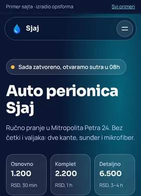 Kako izgleda sajt Auto perionica Sjaj na telefonu