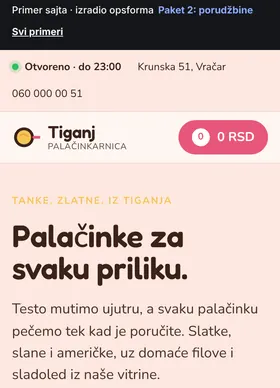 Kako izgleda sajt Palačinkarnica Tiganj na telefonu