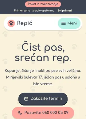 Kako izgleda sajt Salon za pse Repić na telefonu