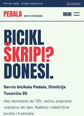 Kako izgleda sajt Servis bicikala Pedala na telefonu